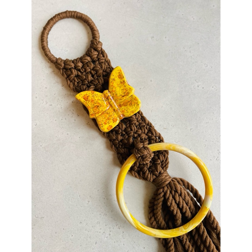 Macrame Kitchen Hanging Towel Holder Ring Butterfly Decor Fringe 19” Vintage MCM